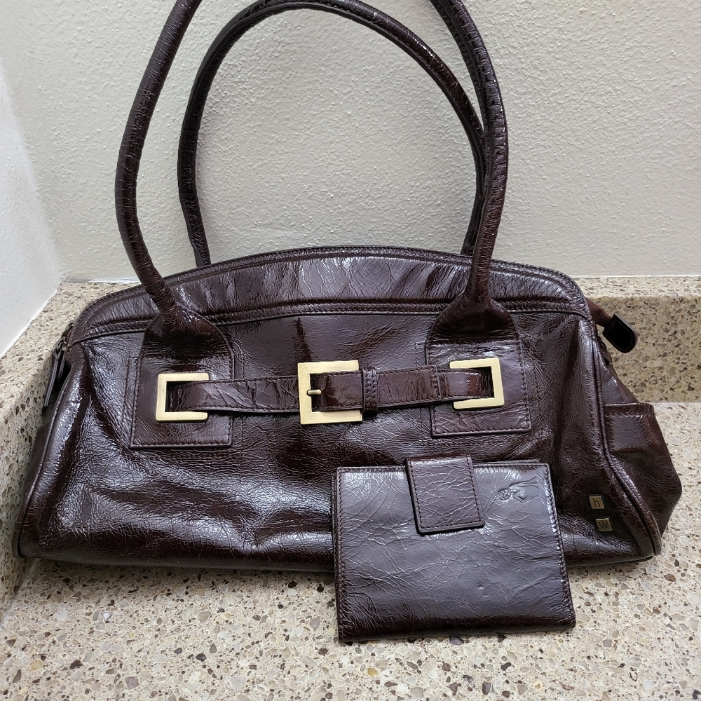 HELEN WELSH BROWN PATENT GENUINE LEATHER ZIP TOP PURSE NWOT & MATCHING WALLET